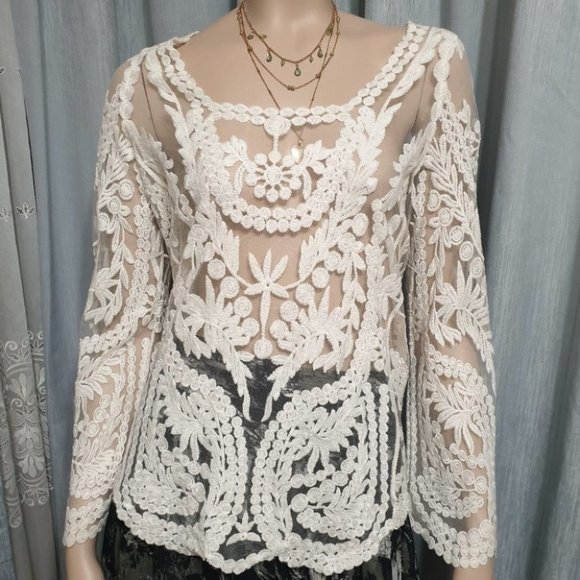 Origami Tops - Origami by vivien AU-S White Lace Long-sleeve Blouse Top